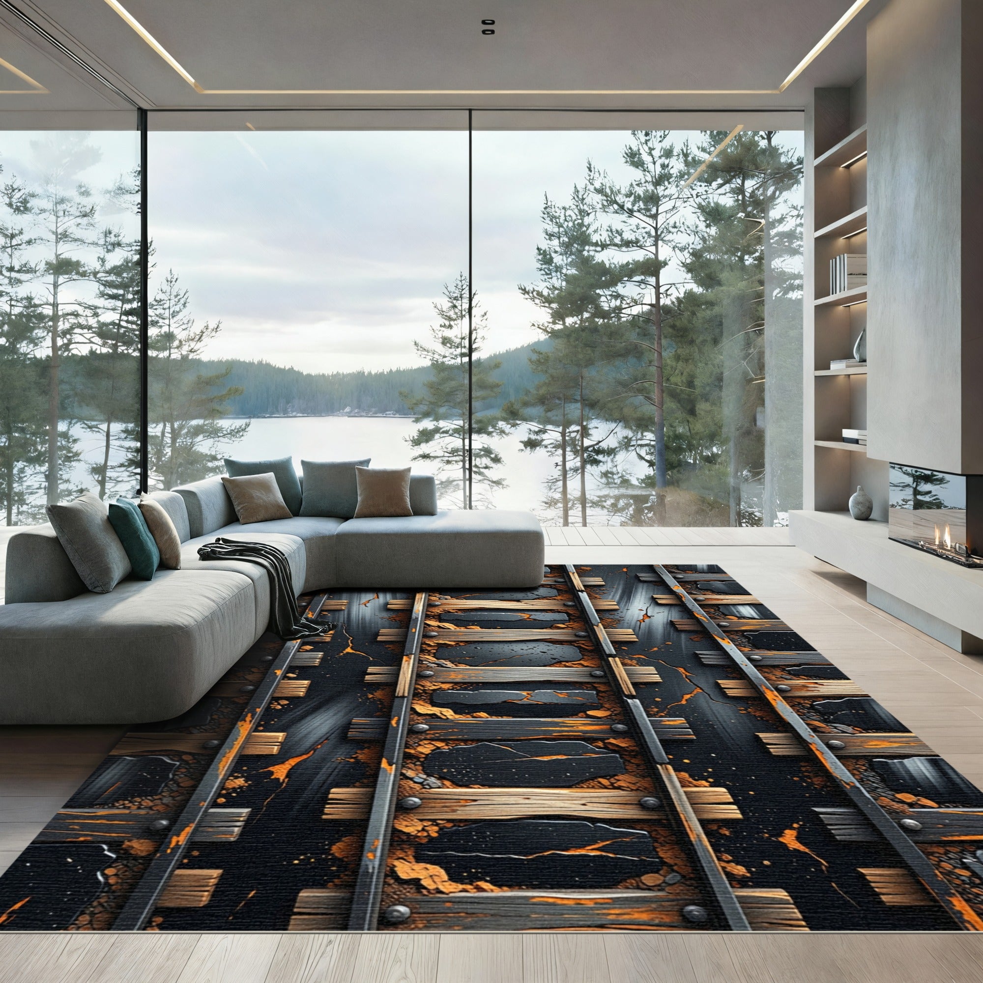 Industrial Steel Wood Grain Tracks Rug