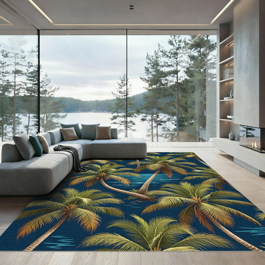 Lush Tropical Palm Navy Nightscape Rug