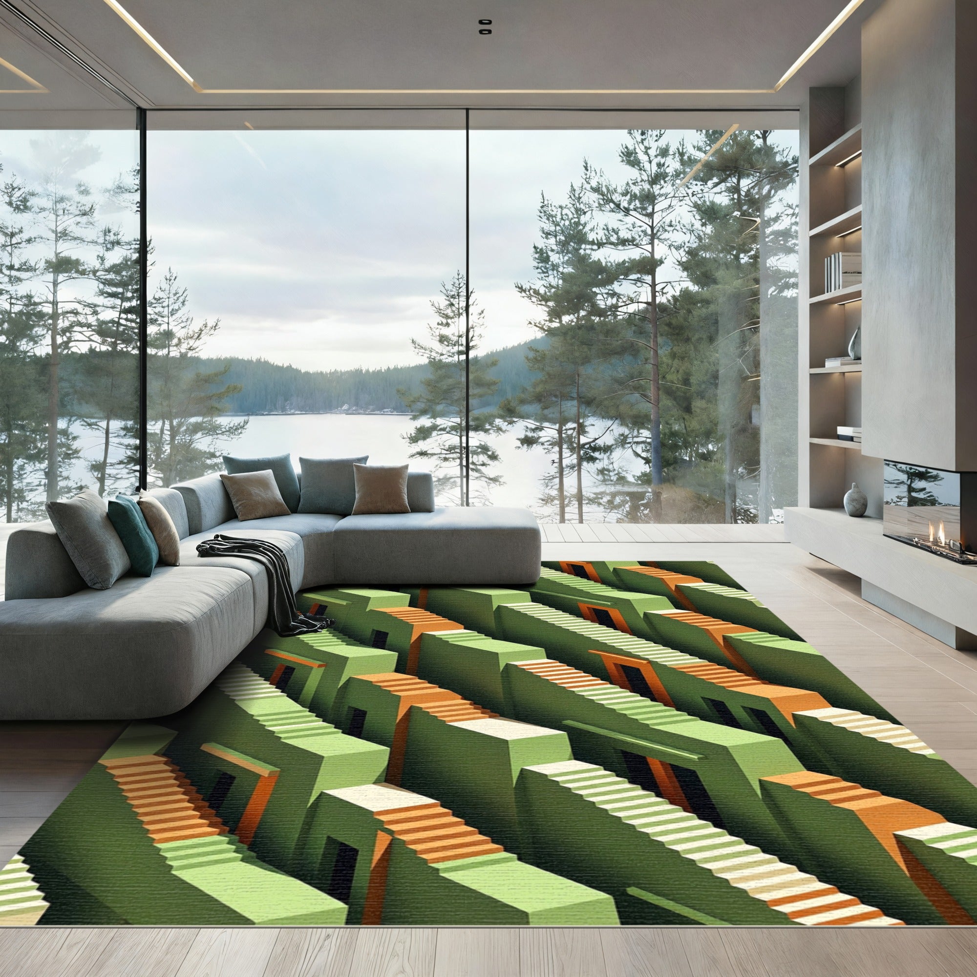 Green Orange Abstract Staircase Arrangement Rug