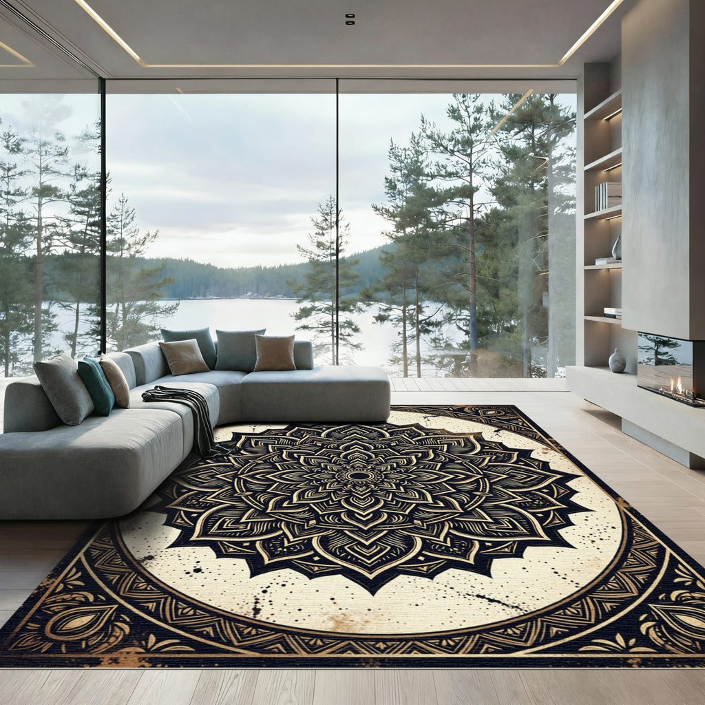Ornate Black and Gold Sacred Mandala Rug