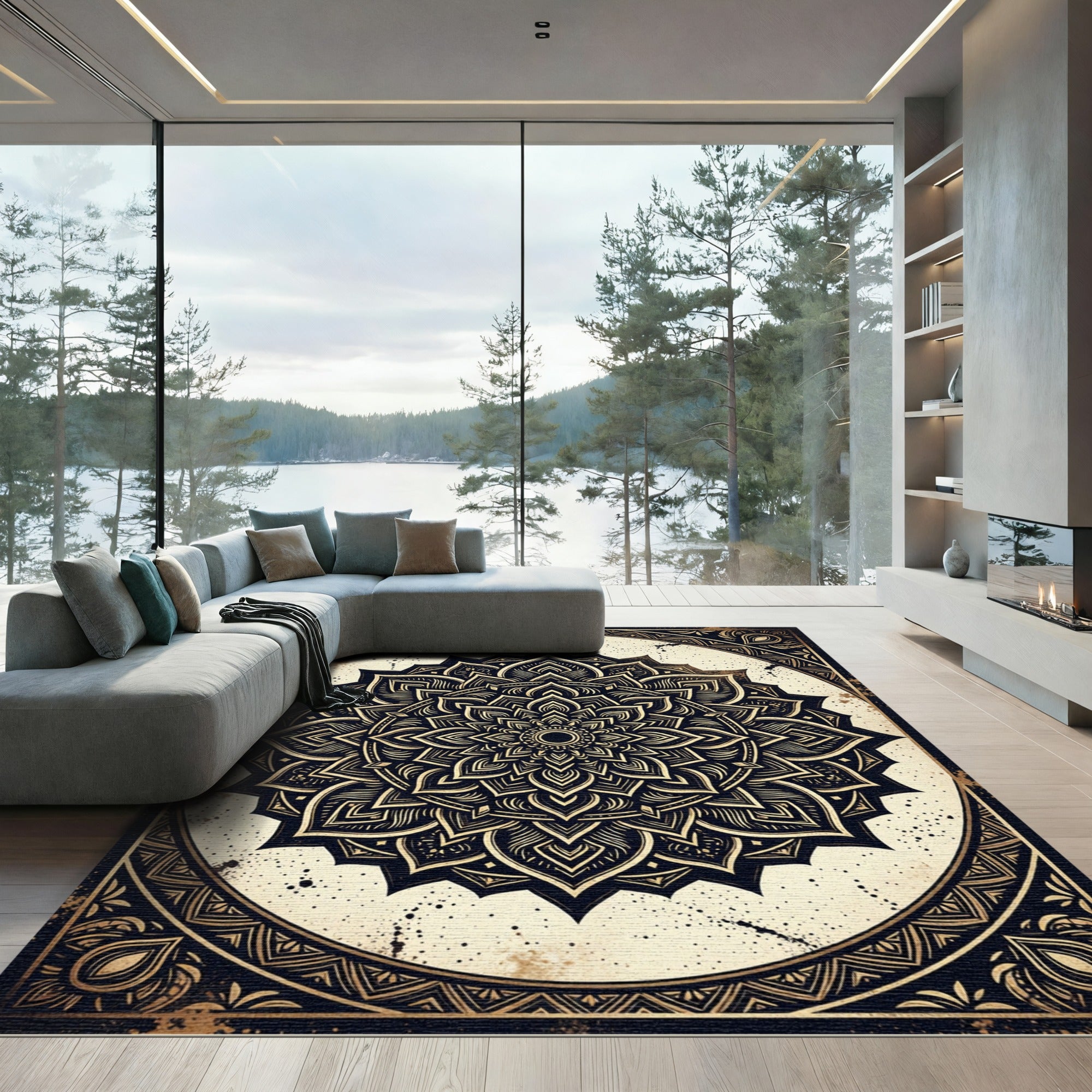 Ornate Black and Gold Sacred Mandala Rug