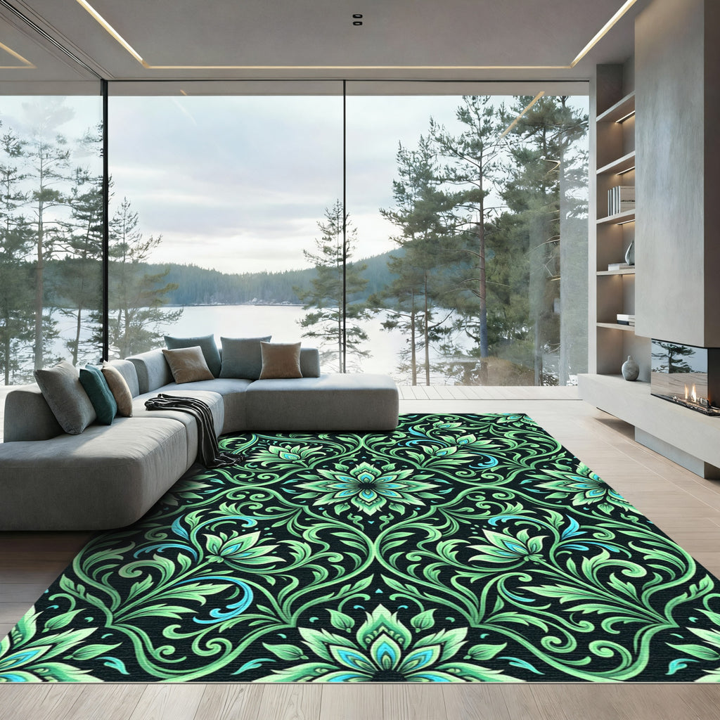 Emerald Green Floral Scrollwork Rug