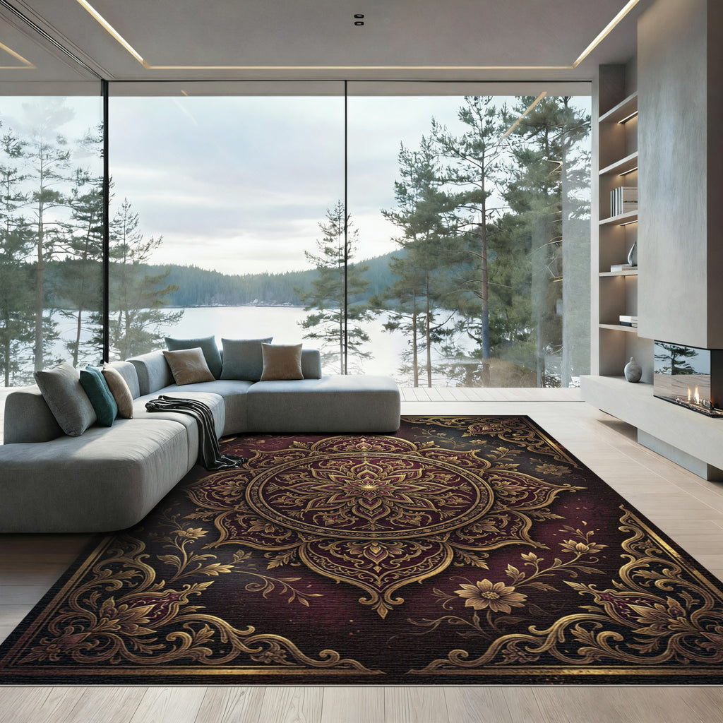 Ornate Golden Floral Deep Burgundy Medallion Rug