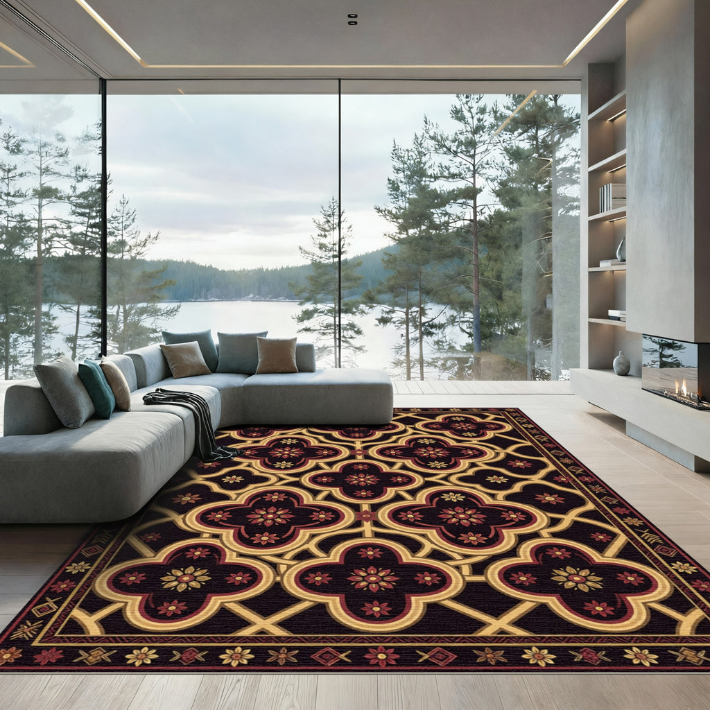 Crimson Gold Quatrefoil Floral Border Rug