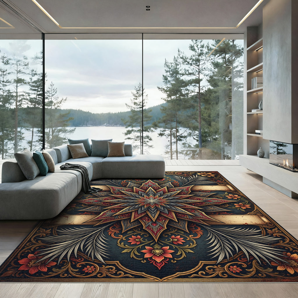Ornate Crimson Star Floral Medallion Rug