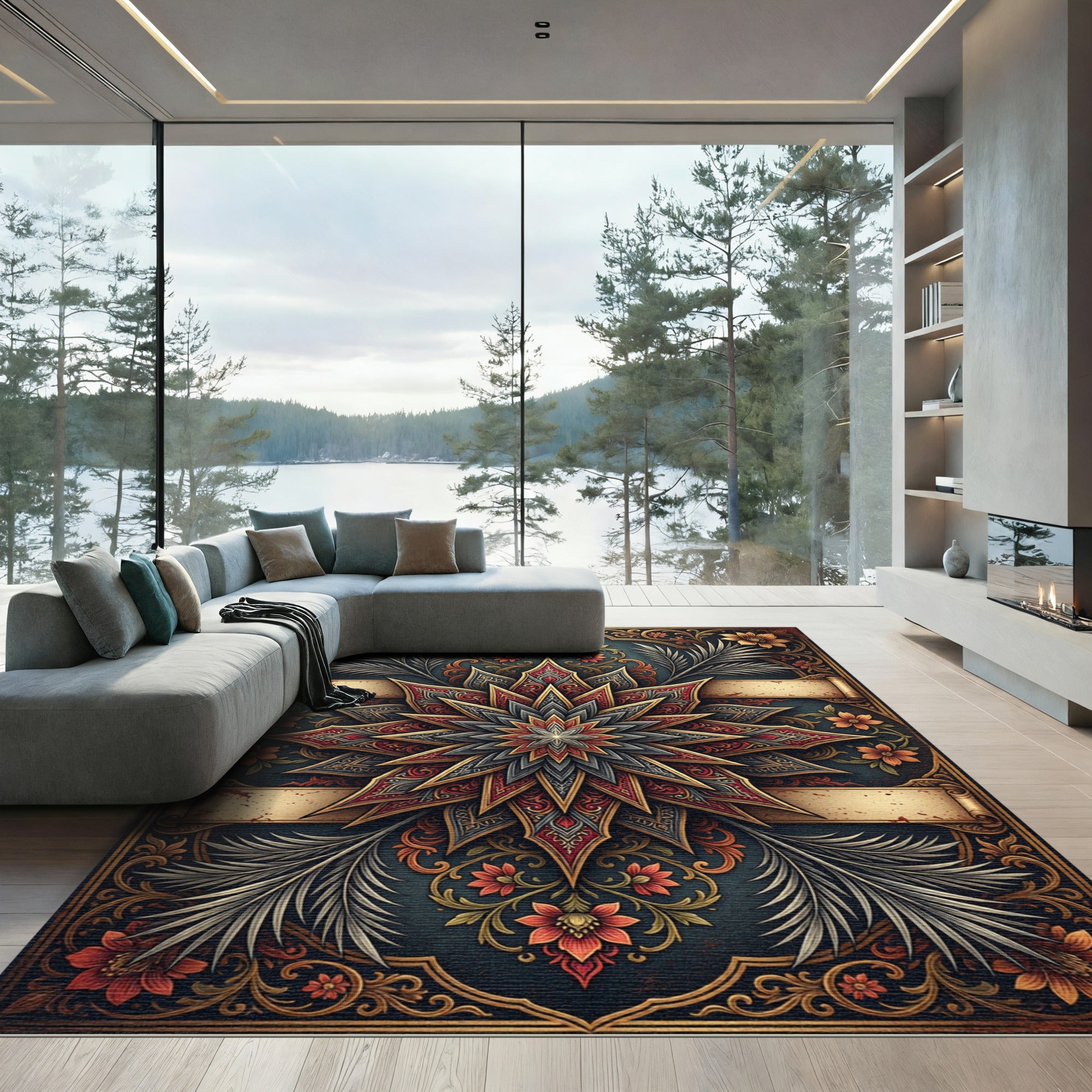 Ornate Crimson Star Floral Medallion Rug