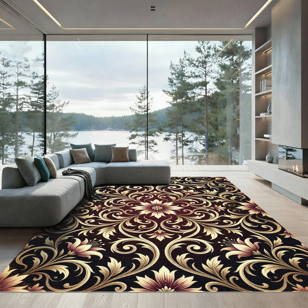 Deep Crimson Golden Floral Scroll Rug
