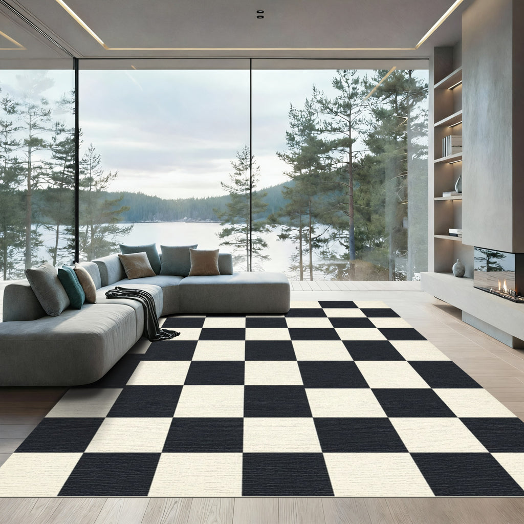 Monochromatic Grid Checkerboard Floor Covering Rug