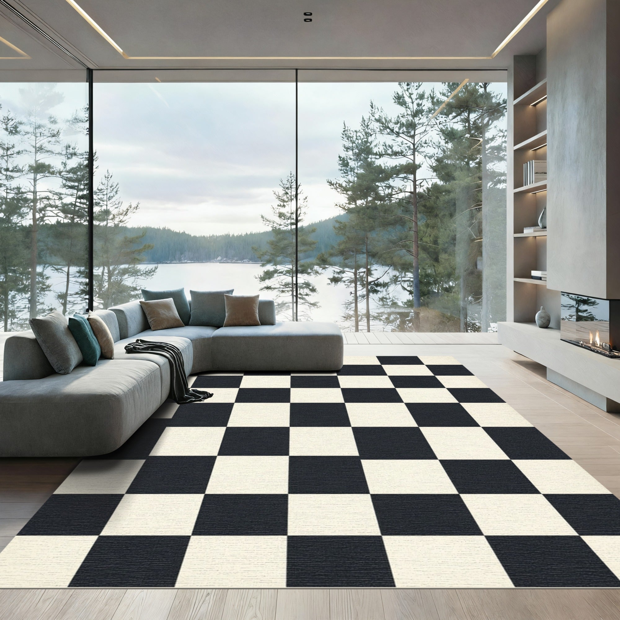 Monochromatic Grid Checkerboard Floor Covering Rug