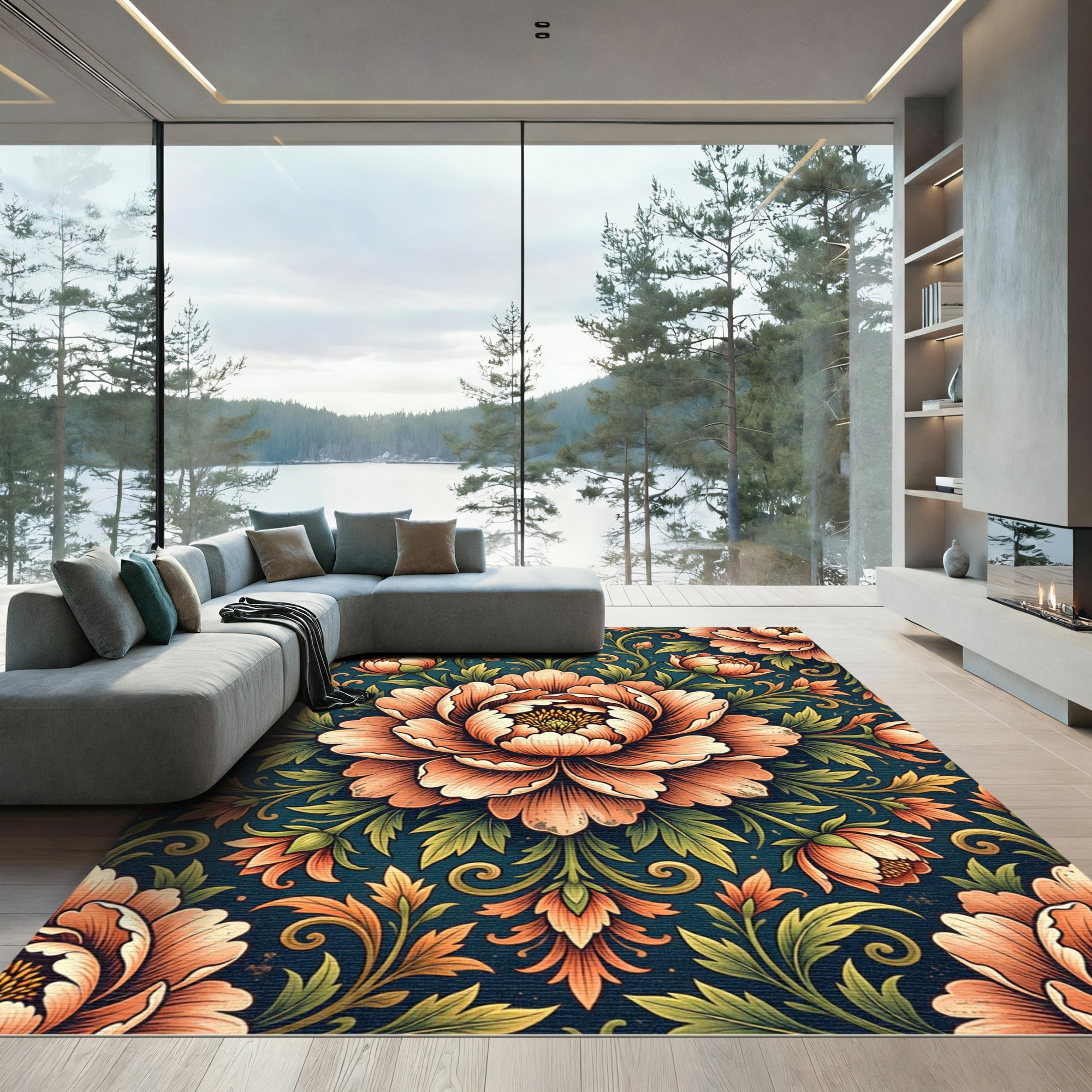 Elegant Peach Peony Floral Damask Rug