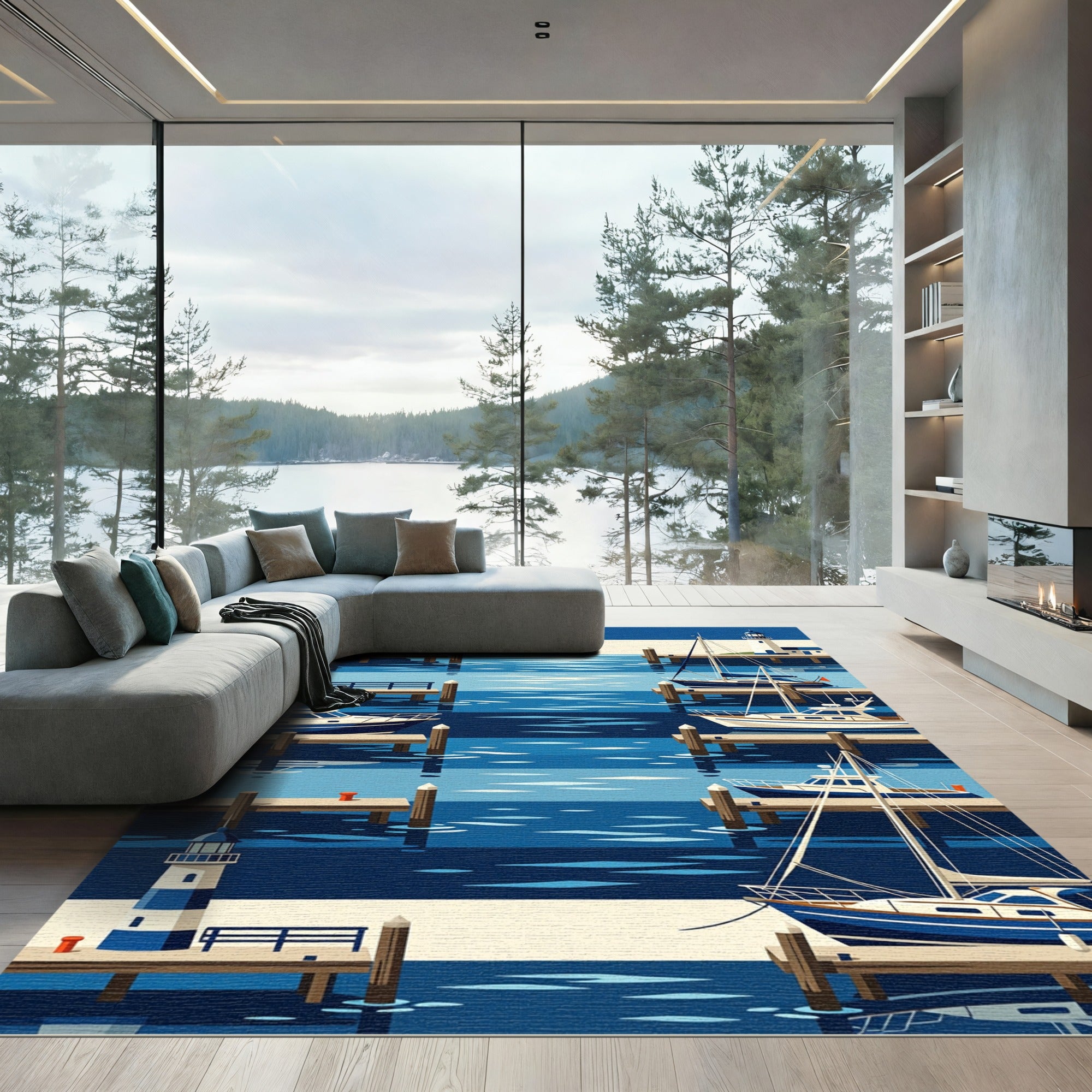 Nautical Harbor Lighthouse and Boat Scene Rug