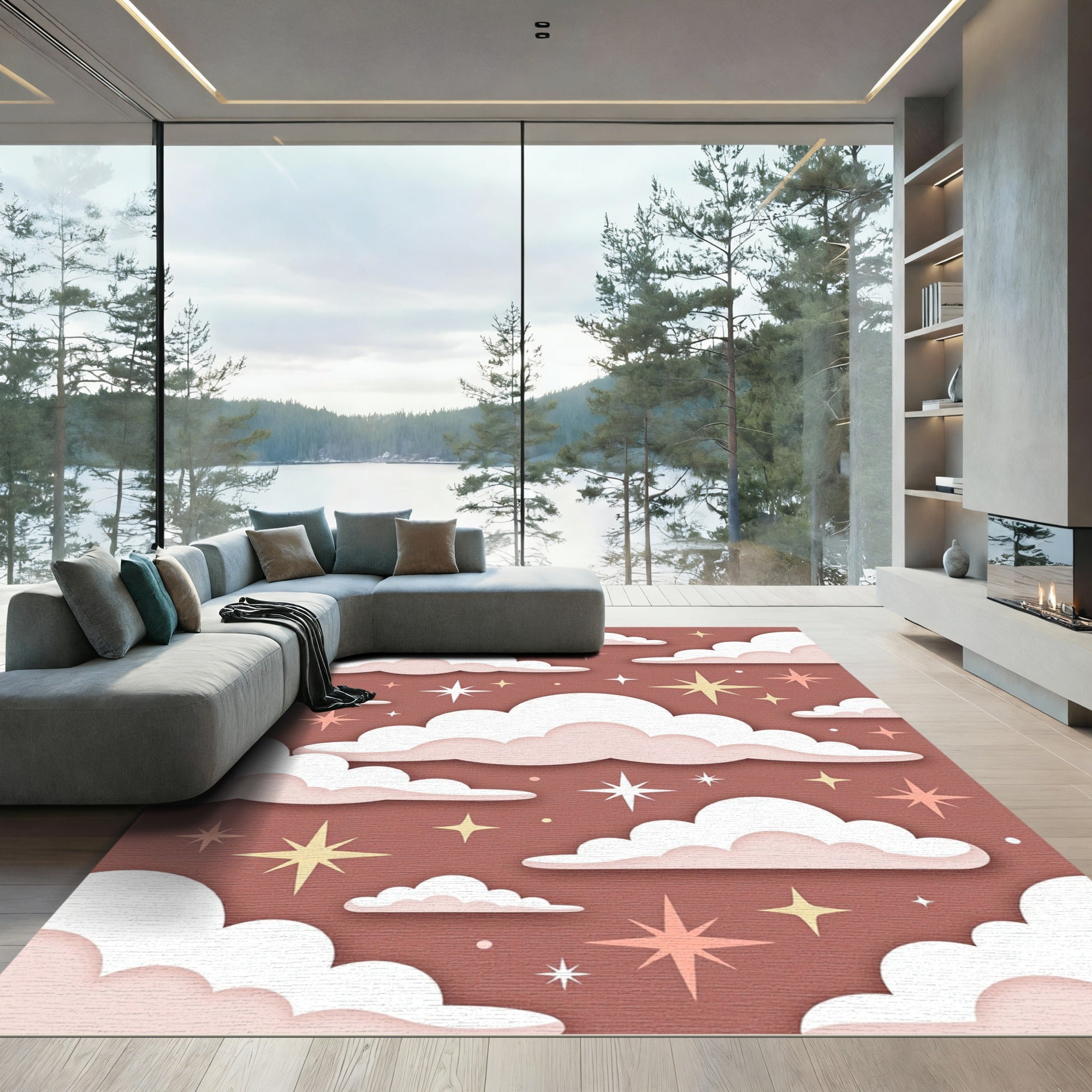 Dreamy Terracotta Celestial Clouds and Stars Rug