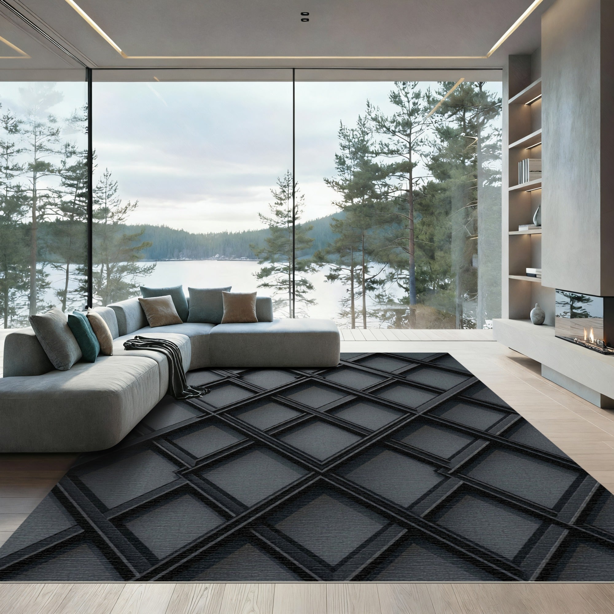 Sophisticated Charcoal Geometric Lattice Rug