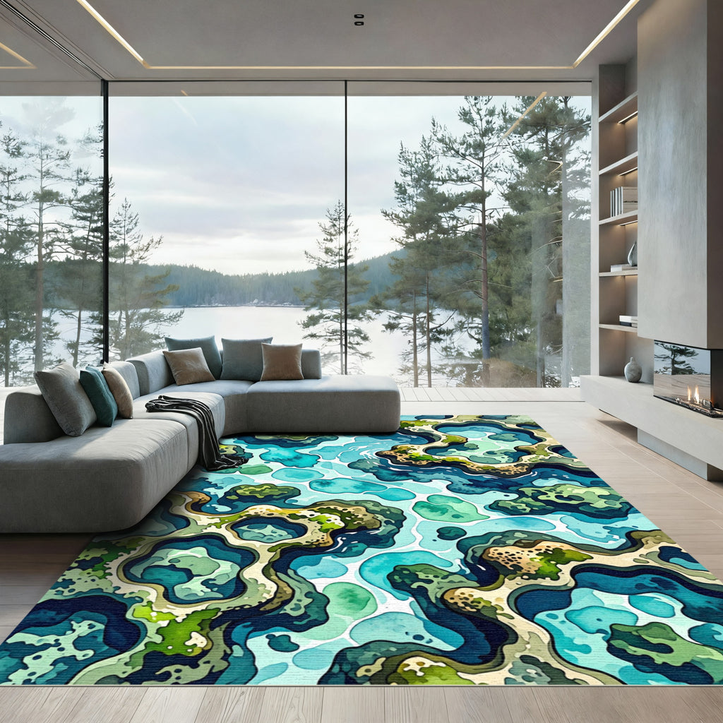 Coastal Teal Abstract Reef Shoreline Rug