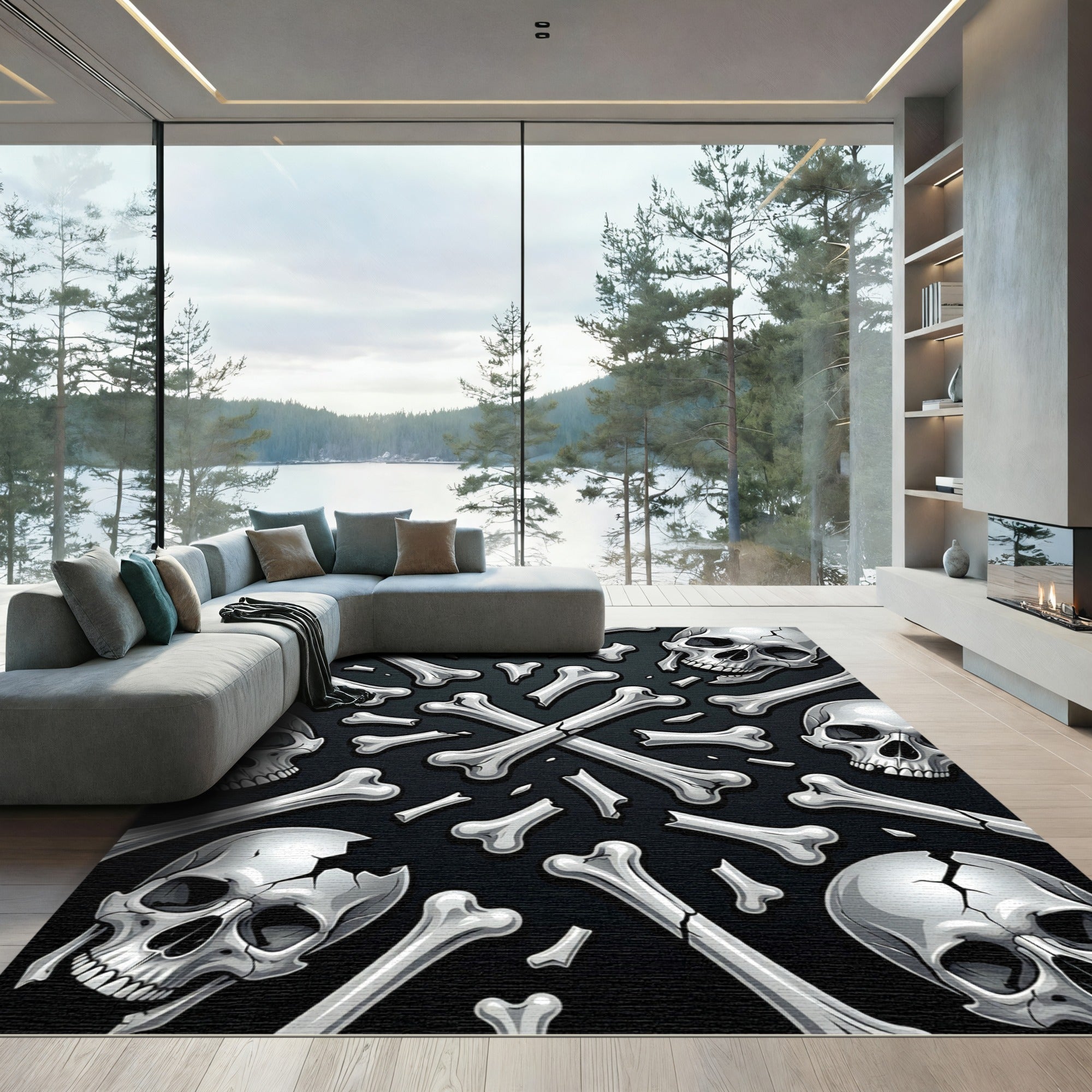 Gothic Scattered Skull and Bone Art Rug