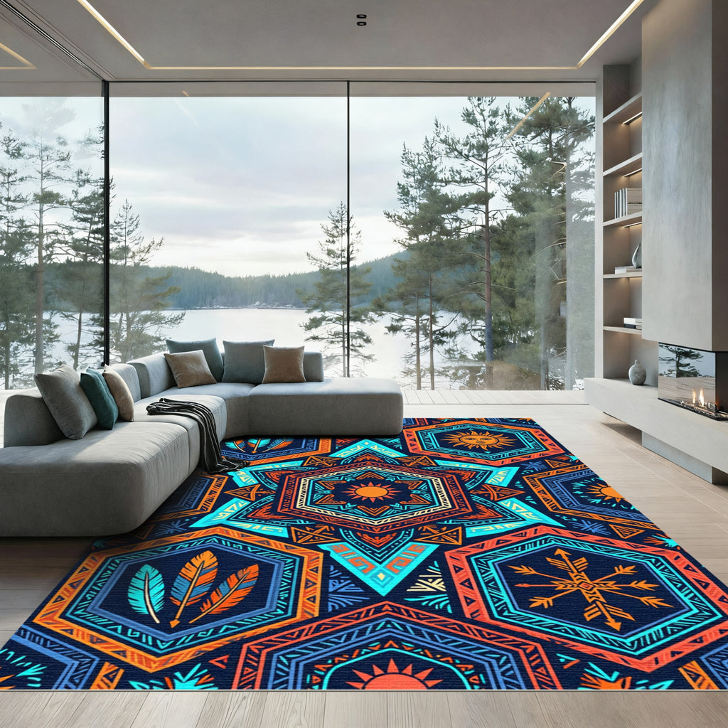 Vibrant Geometric Solar Hexagon Boho Art Rug