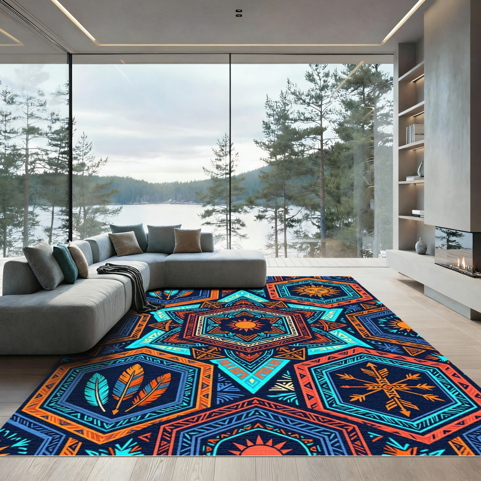 Vibrant Geometric Solar Hexagon Boho Art Rug