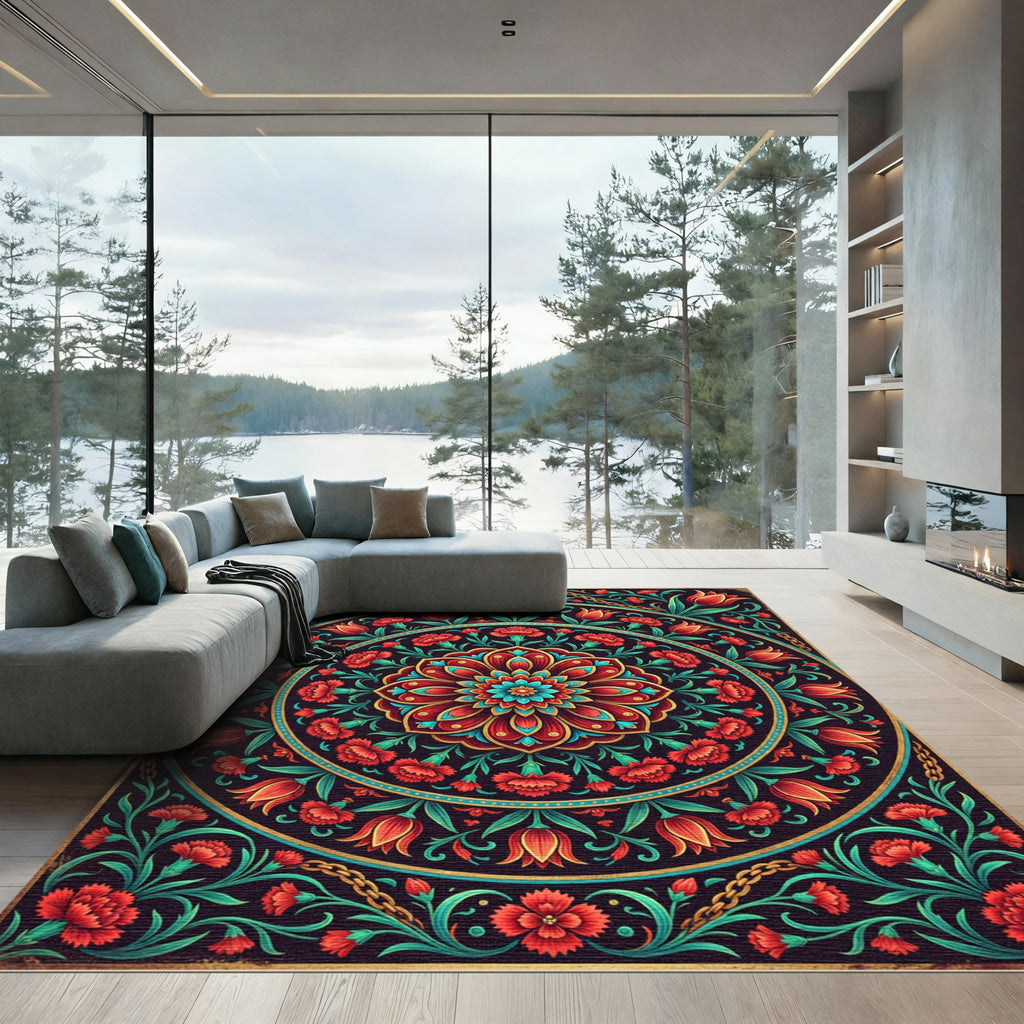 Vibrant Red Crimson Floral Medallion Rug