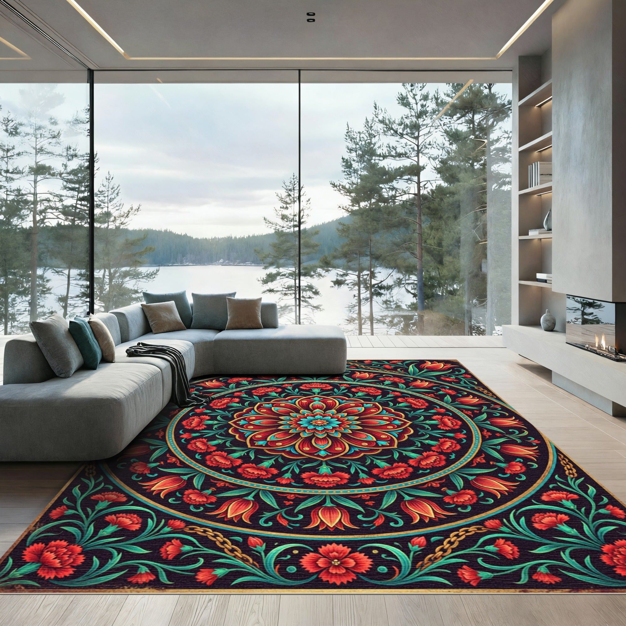 Vibrant Red Crimson Floral Medallion Rug