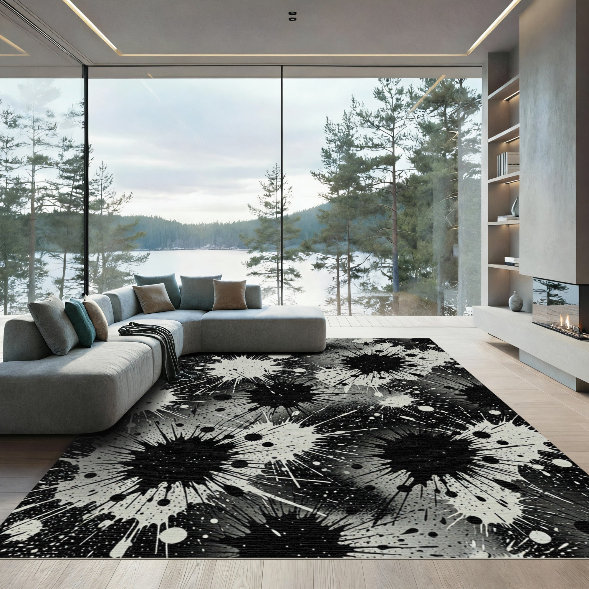 Monochrome Splatter Starburst Explosion Rug