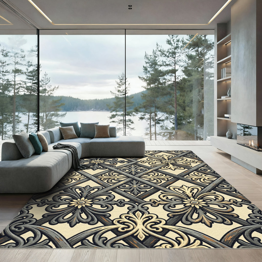 Ornate Gray Floral Lattice Rug