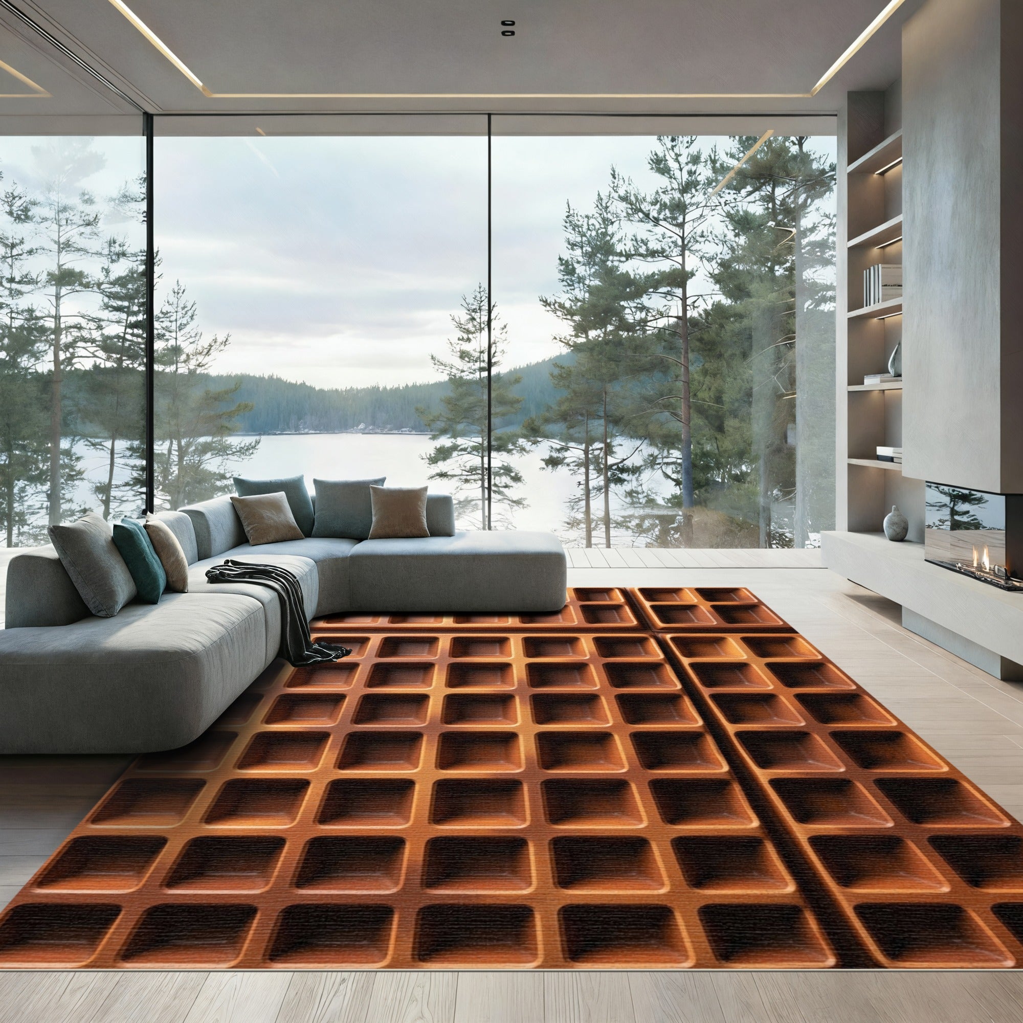 Terracotta Grid Textured Structured Square Rug