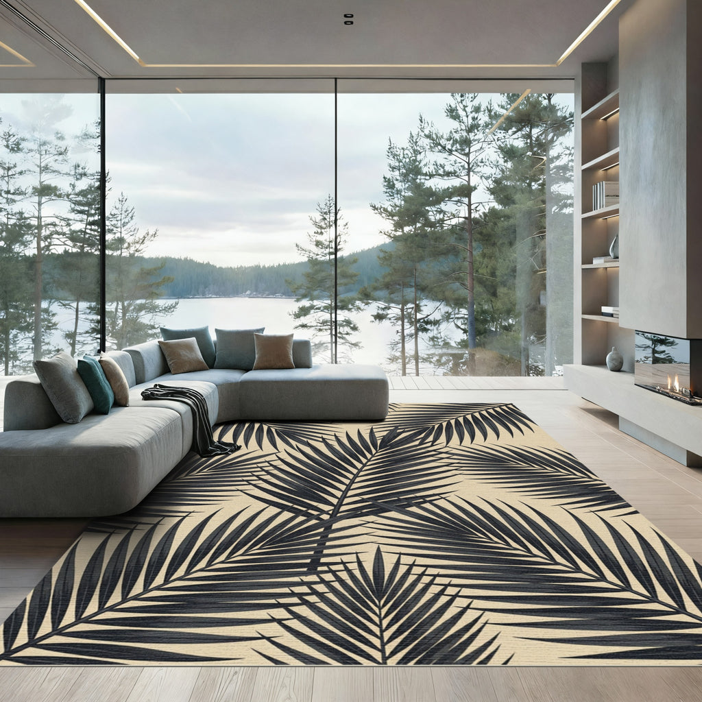 Bold Charcoal Tropical Palm Leaf Rug