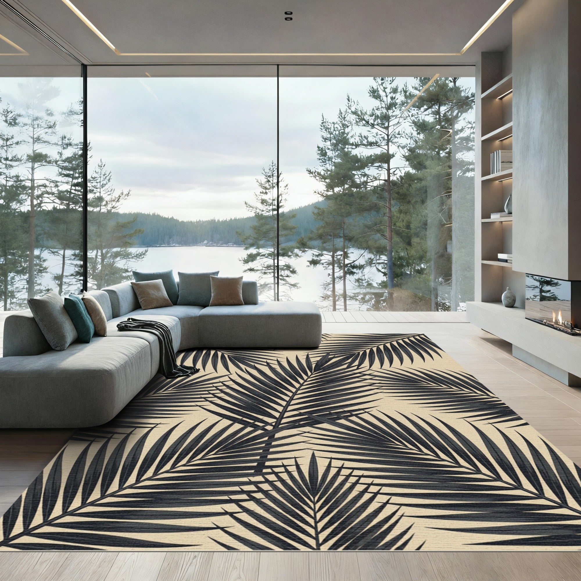 Bold Charcoal Tropical Palm Leaf Rug