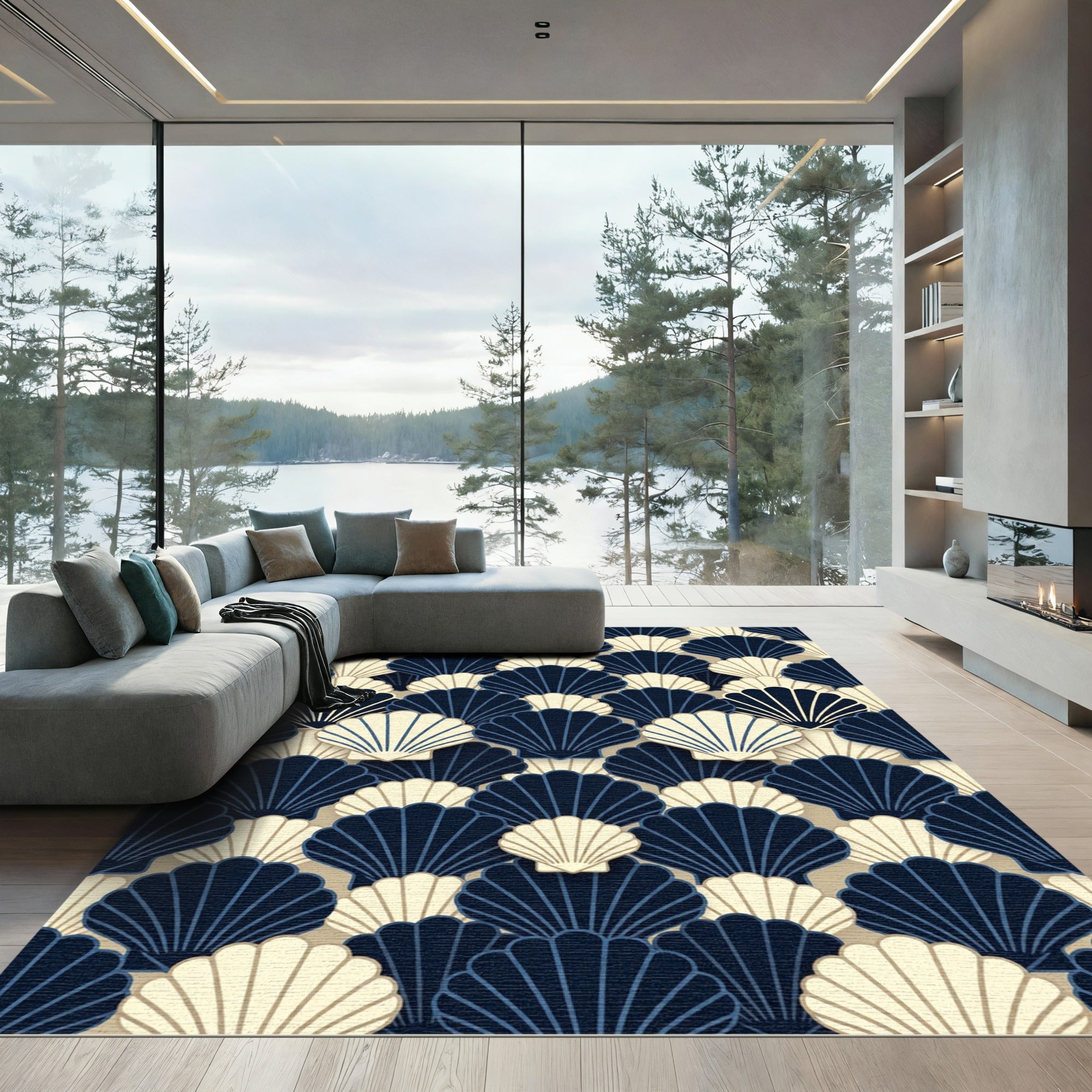 Elegant Navy and Cream Scallop Fan Rug
