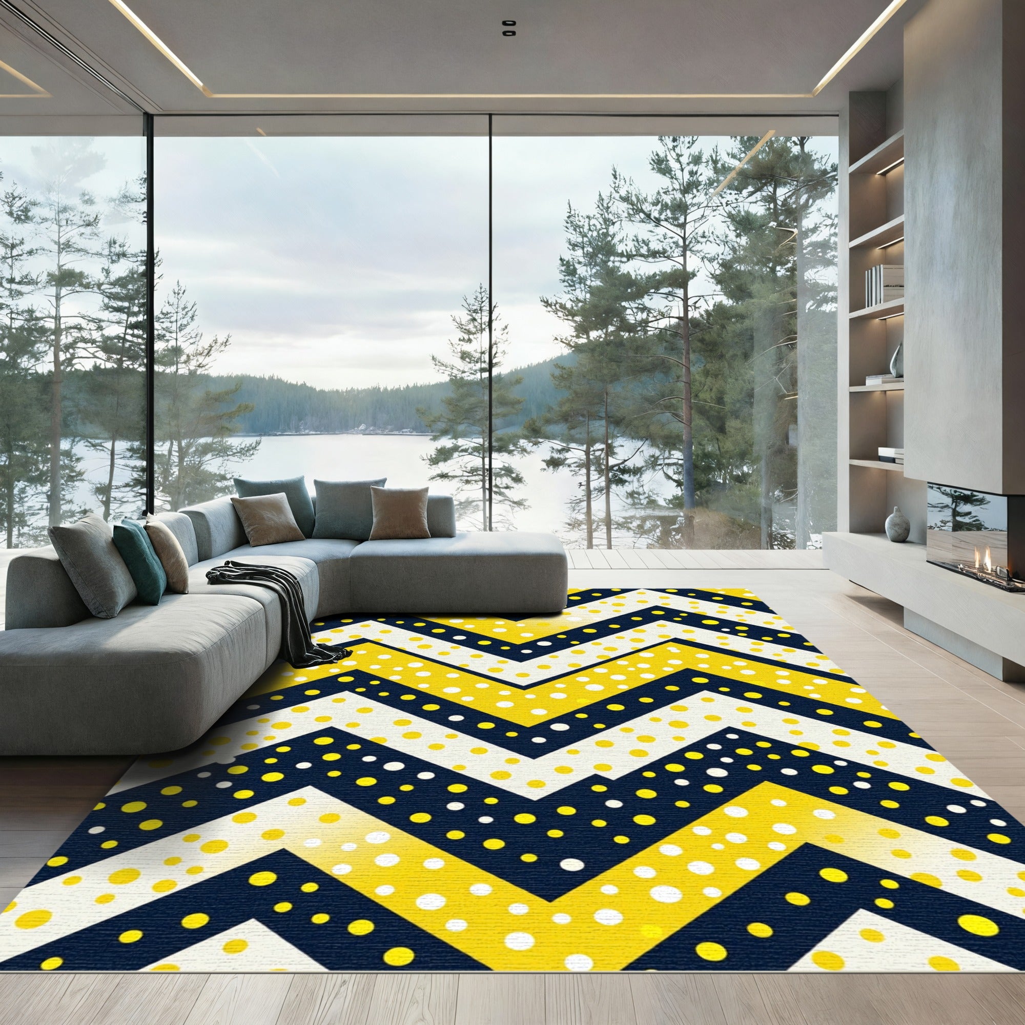 Bold Yellow Navy Polka Dot Chevron Rug
