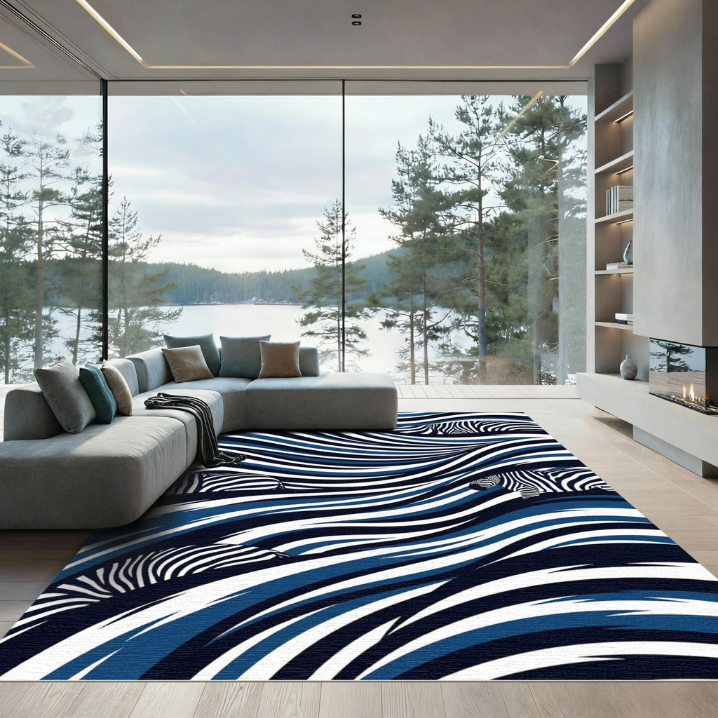 Navy White Wavy Zebra Stripes Rug