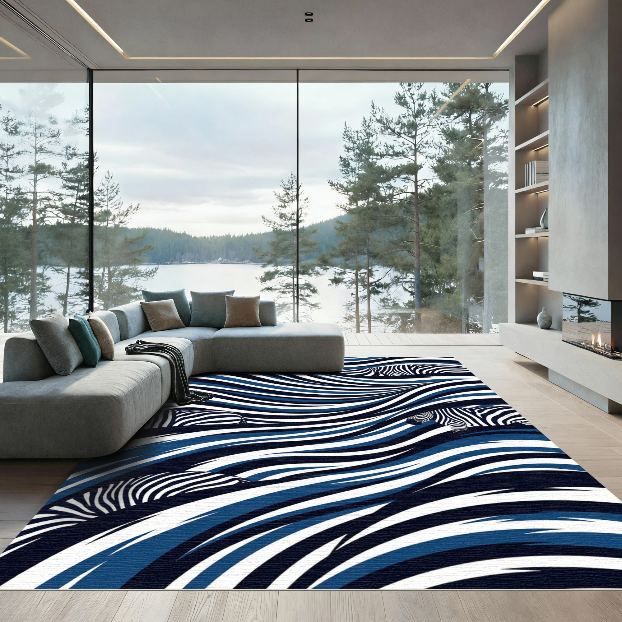 Navy White Wavy Zebra Stripes Rug