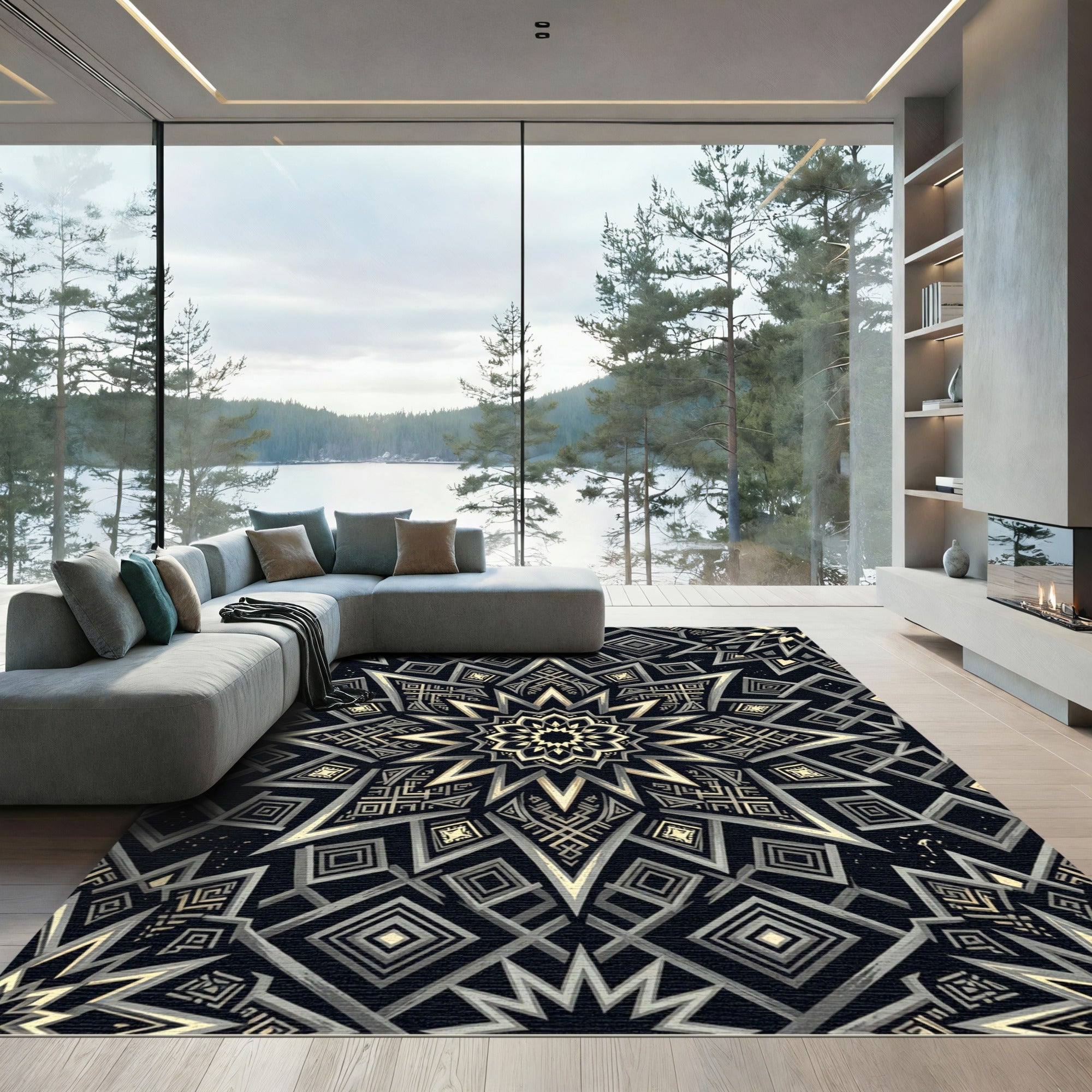 Gold and Charcoal Geometric Star Medallion Rug