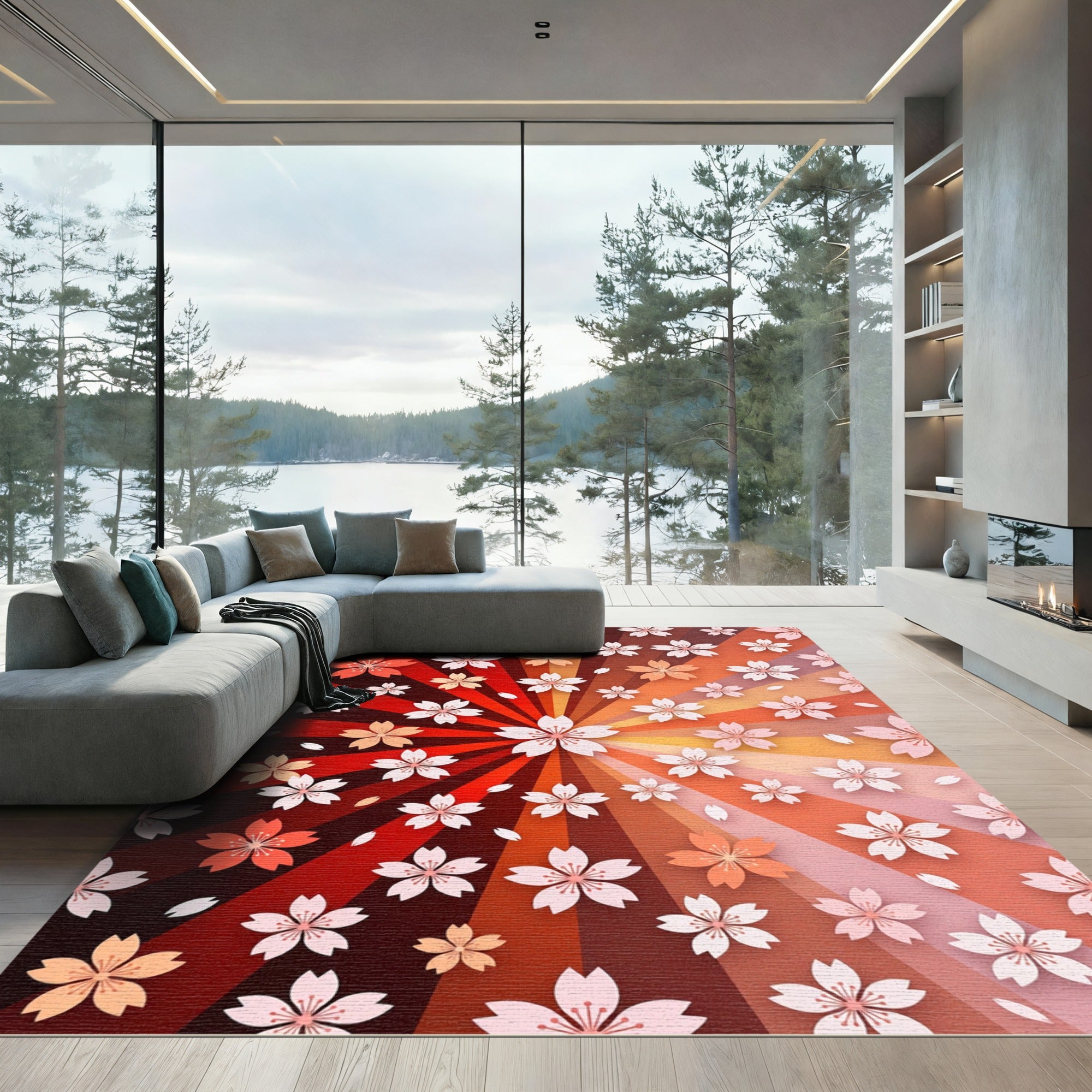 Radiant Cherry Blossom Sunburst Rug