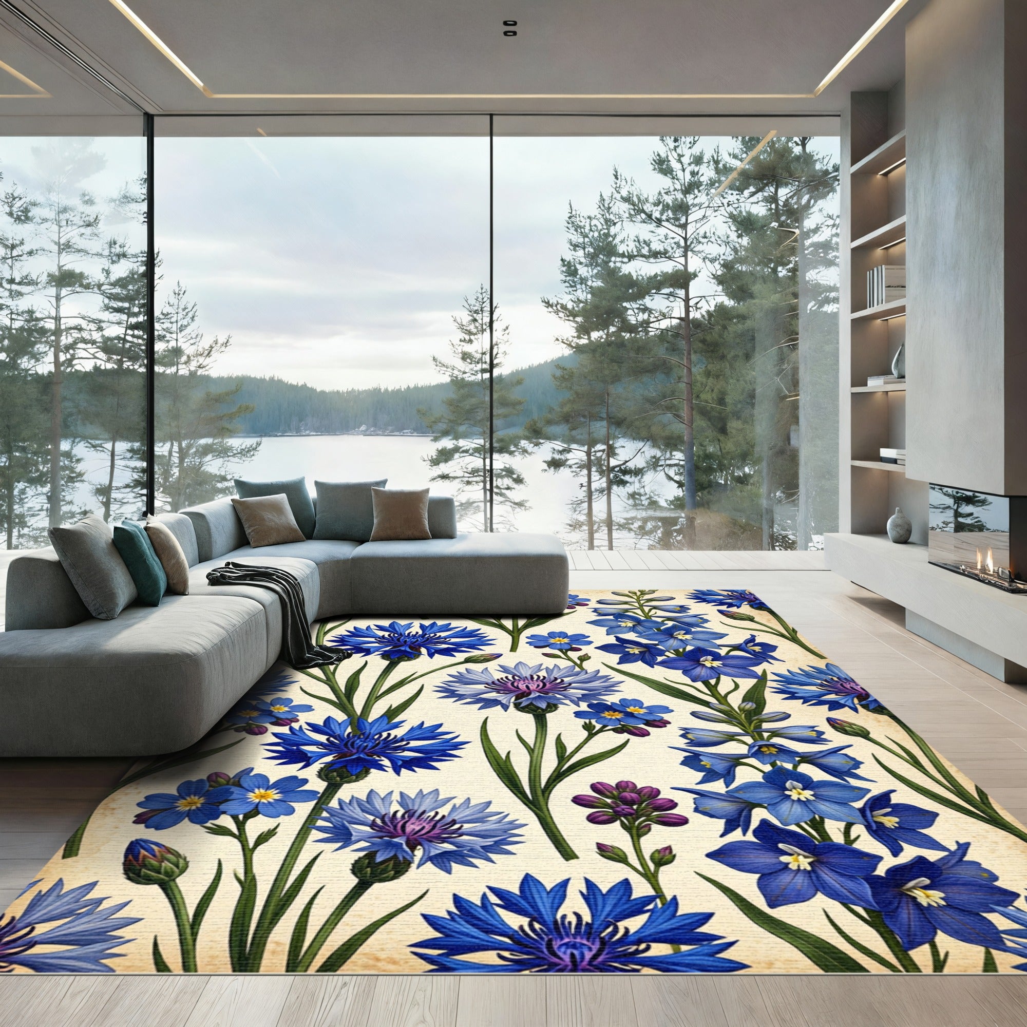 Blue Cornflower Garden Botanical Print Rug