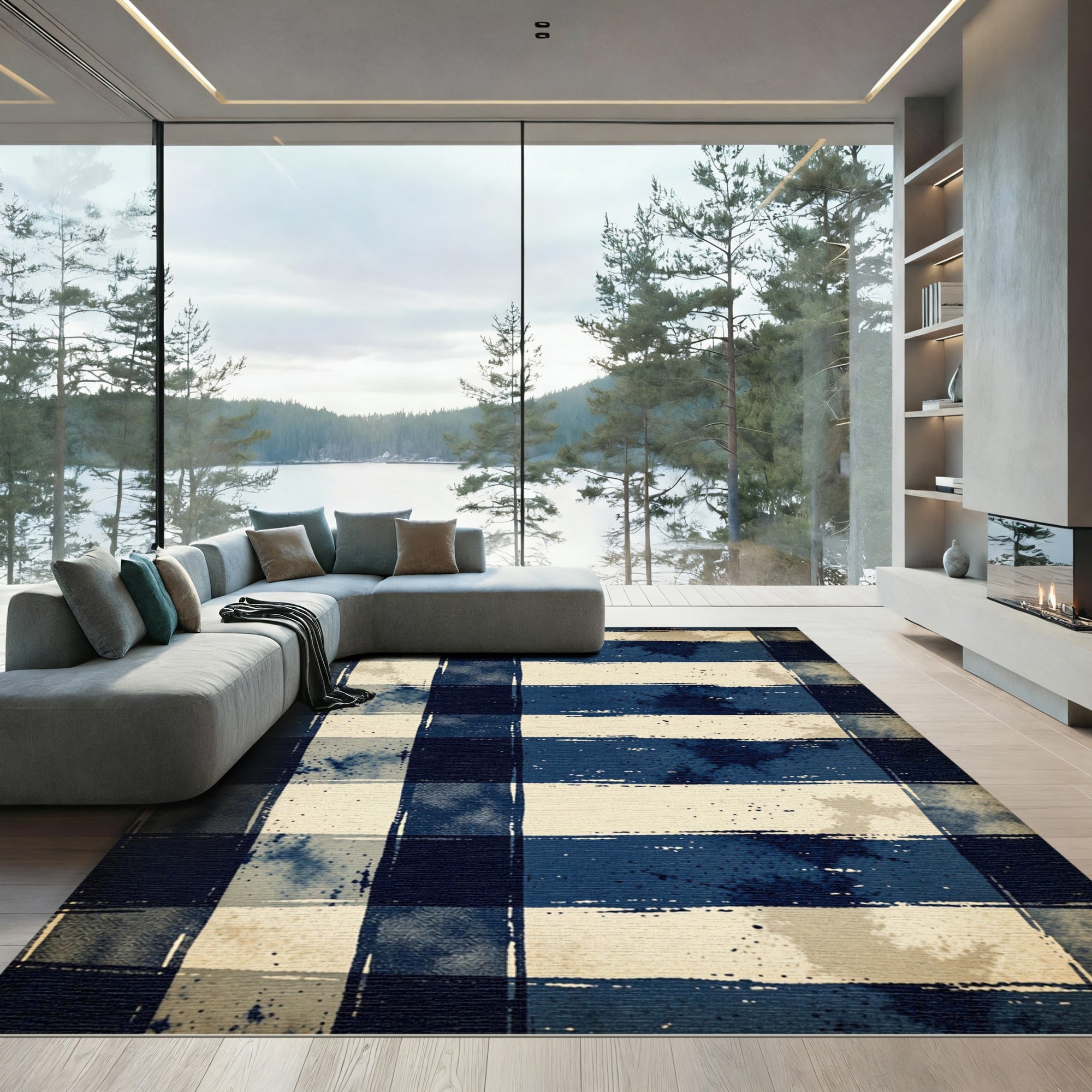 Navy Blue Rustic Plaid Grunge Rug