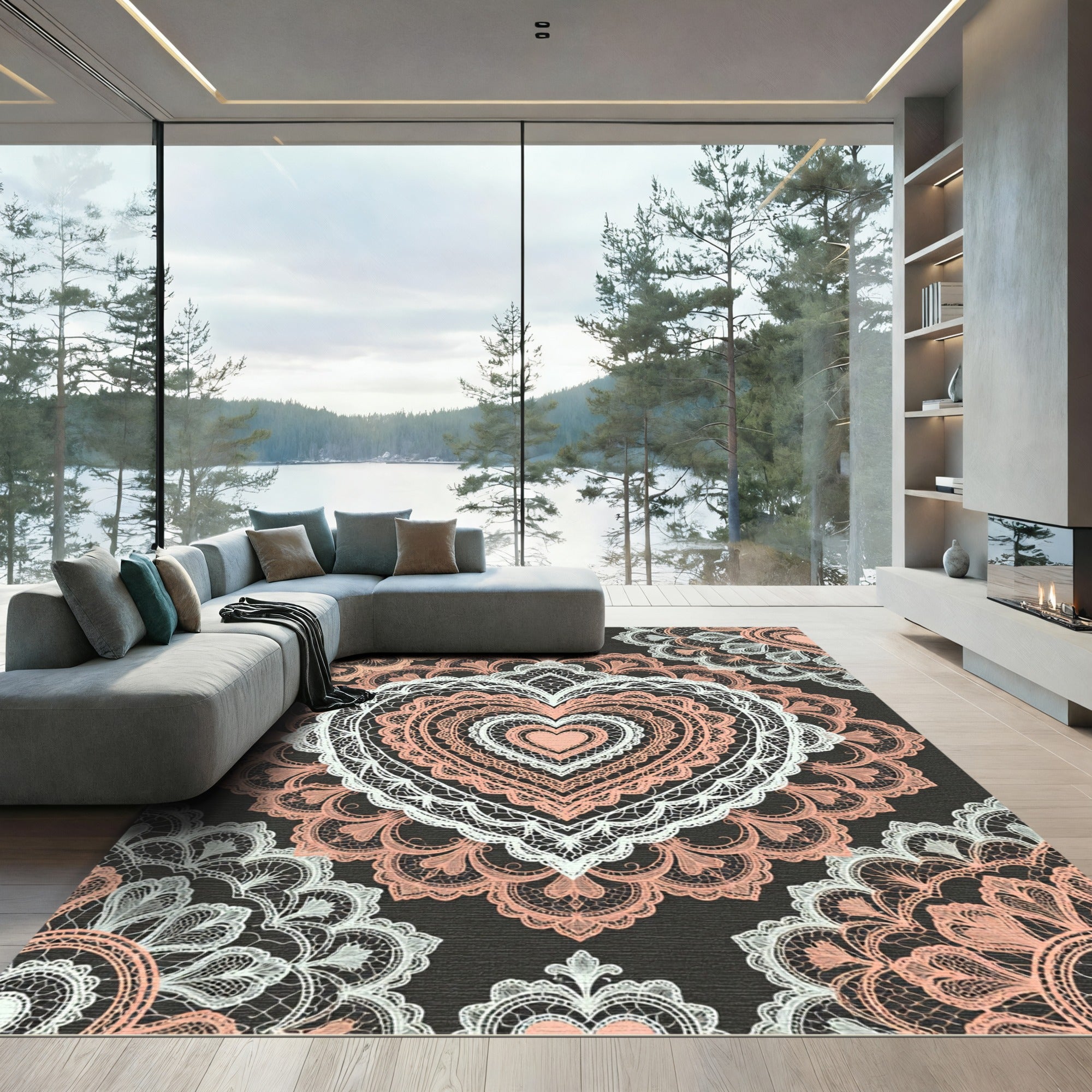 Romantic Pink White Heart Mandala Rug