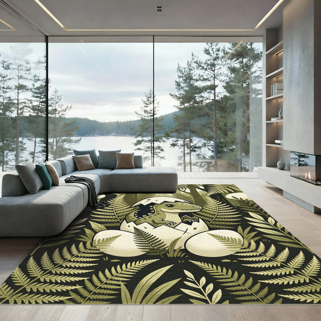 Cute Baby Dinosaur Jungle Fern Rug