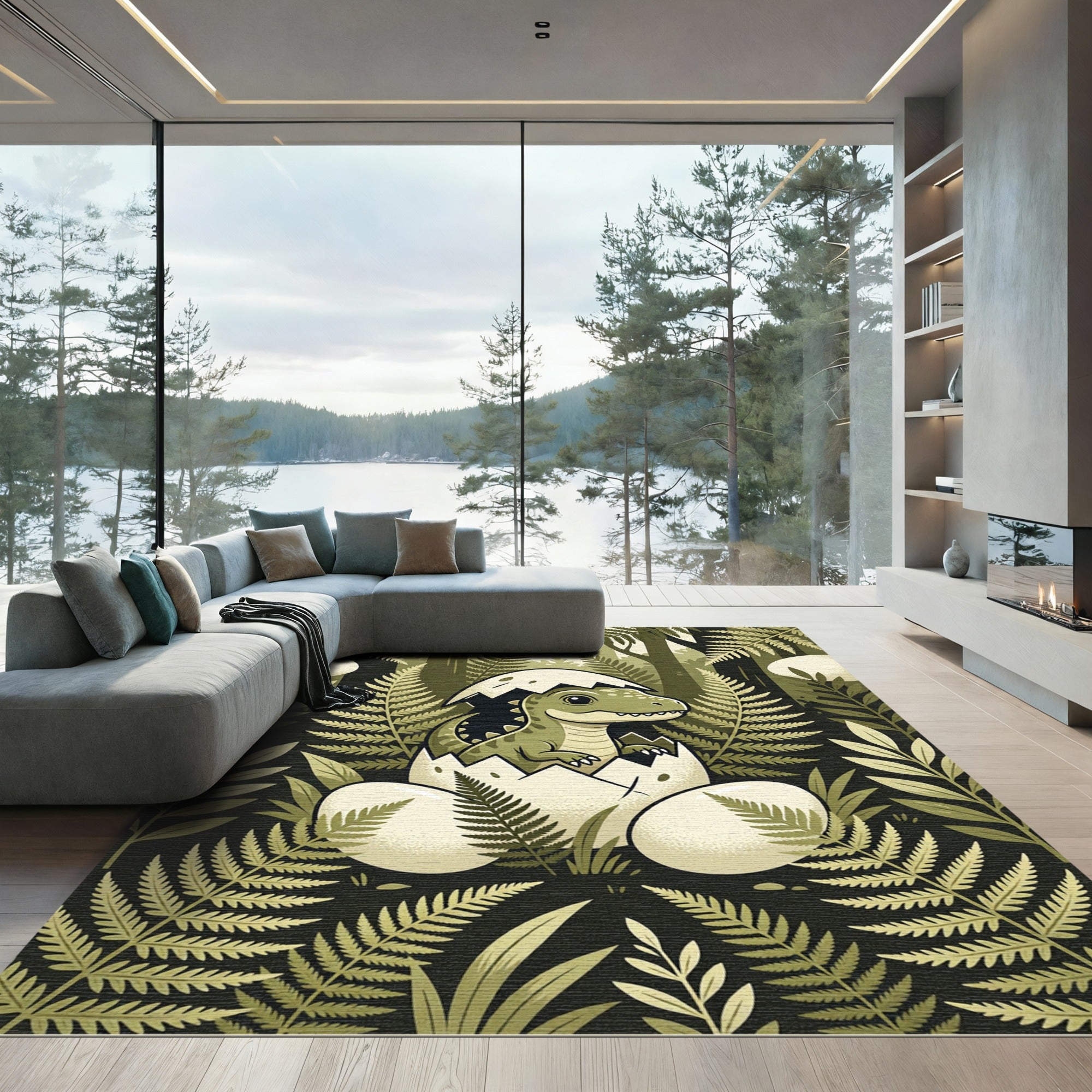 Cute Baby Dinosaur Jungle Fern Rug