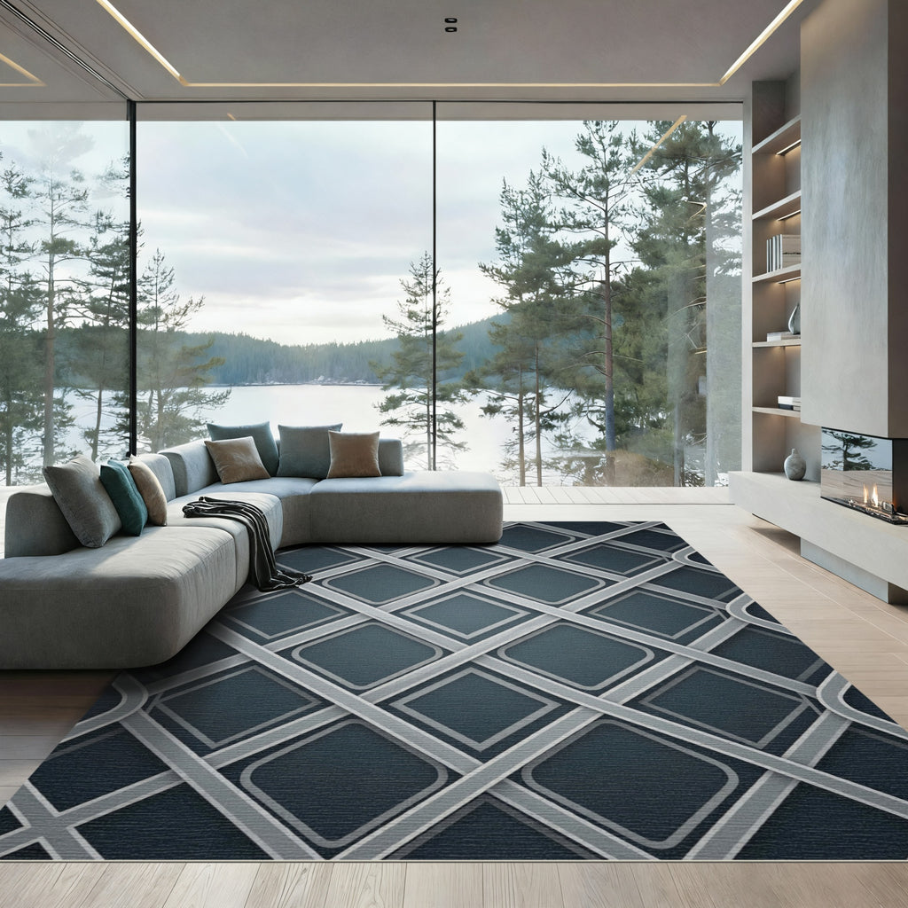 Sophisticated Slate Gray Interlocking Geometric Grid Rug