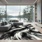 Bold Black White Swirling Strokes Rug