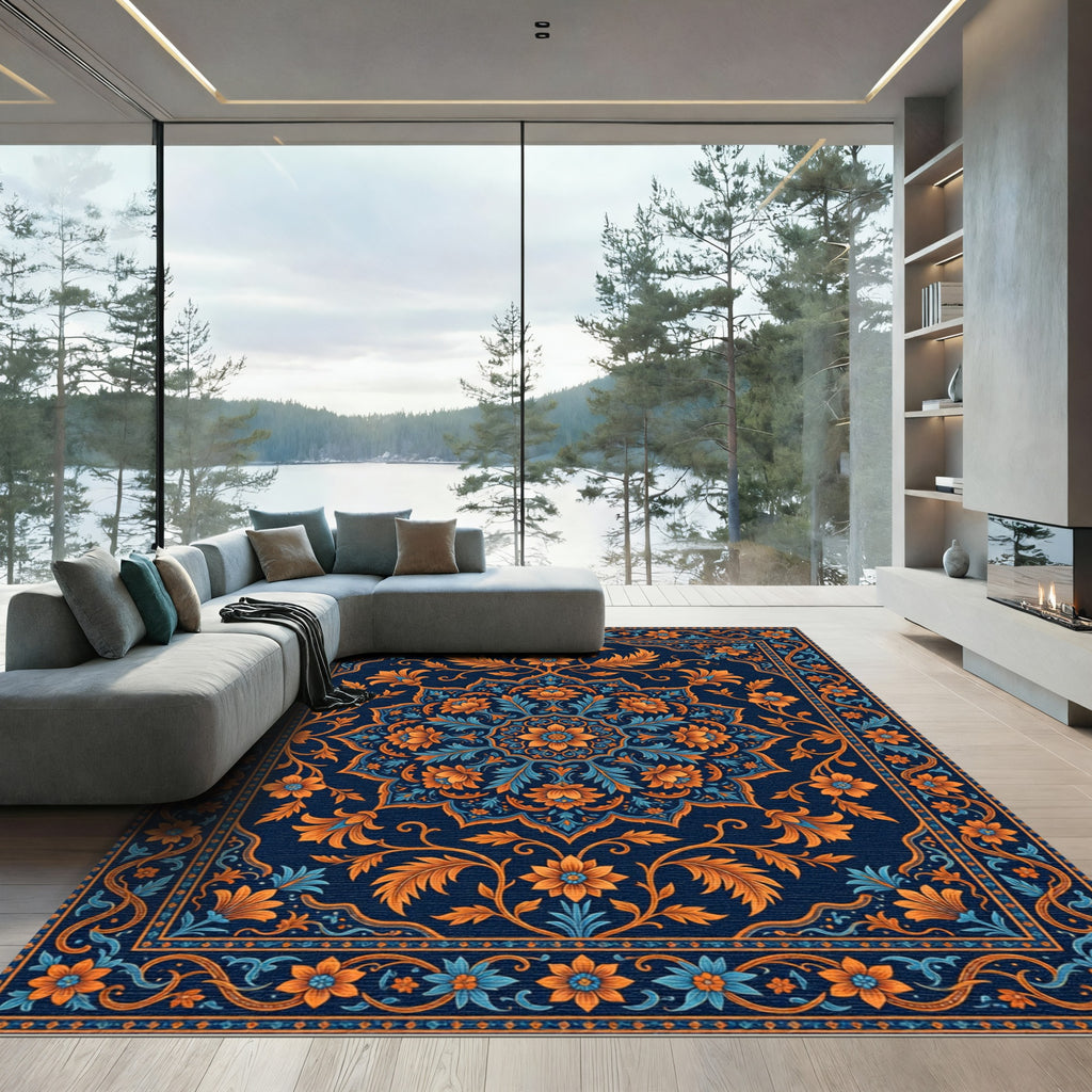Navy Blue Orange Floral Medallion Rug