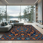 Navy Blue Orange Floral Medallion Rug