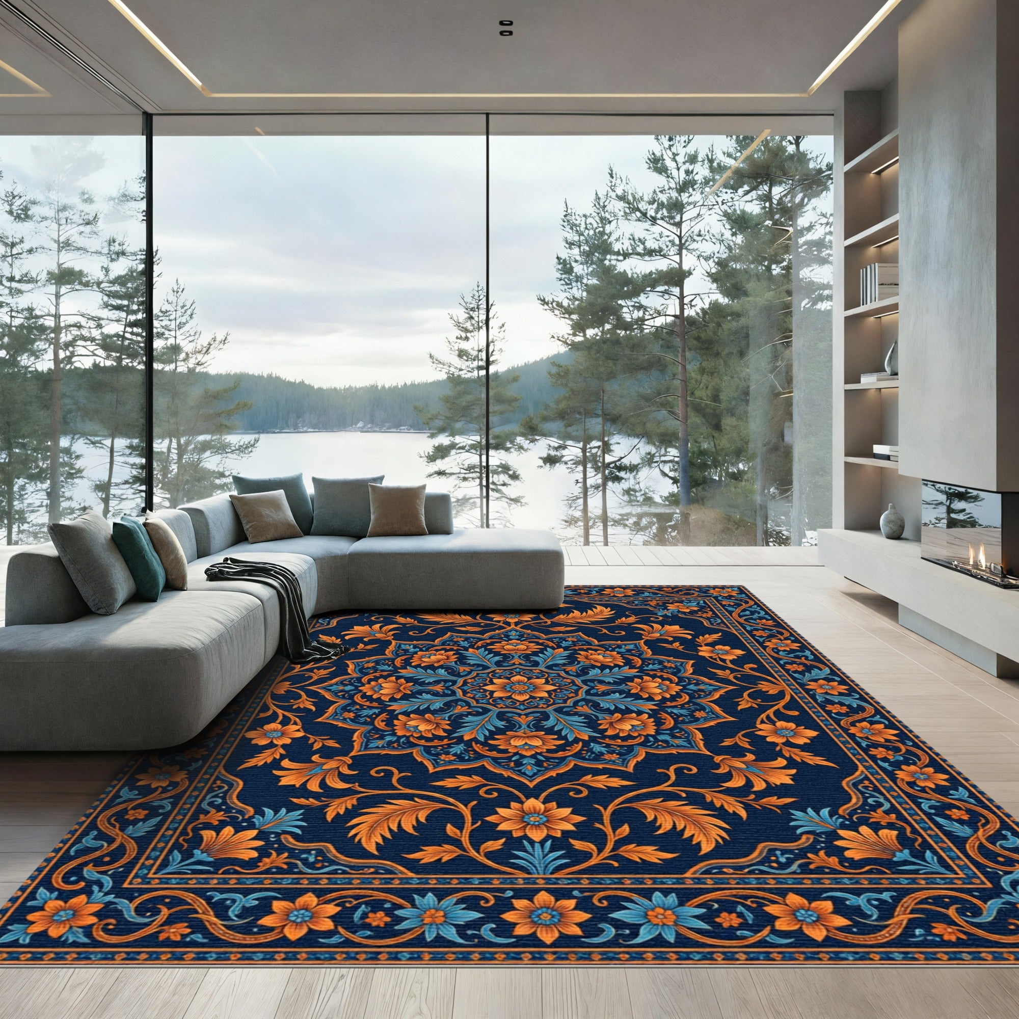 Navy Blue Orange Floral Medallion Rug