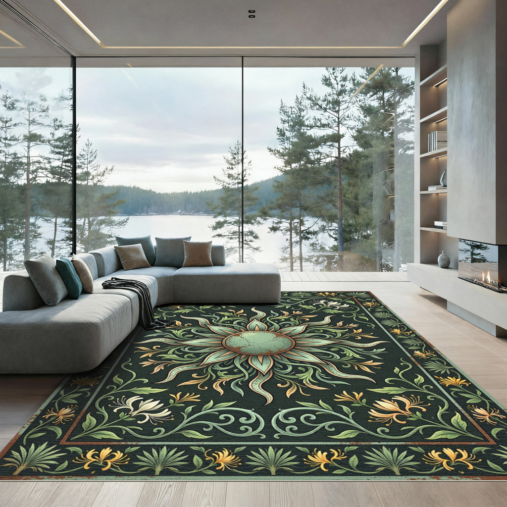 Sage Green Botanical Sunburst Floral Rug
