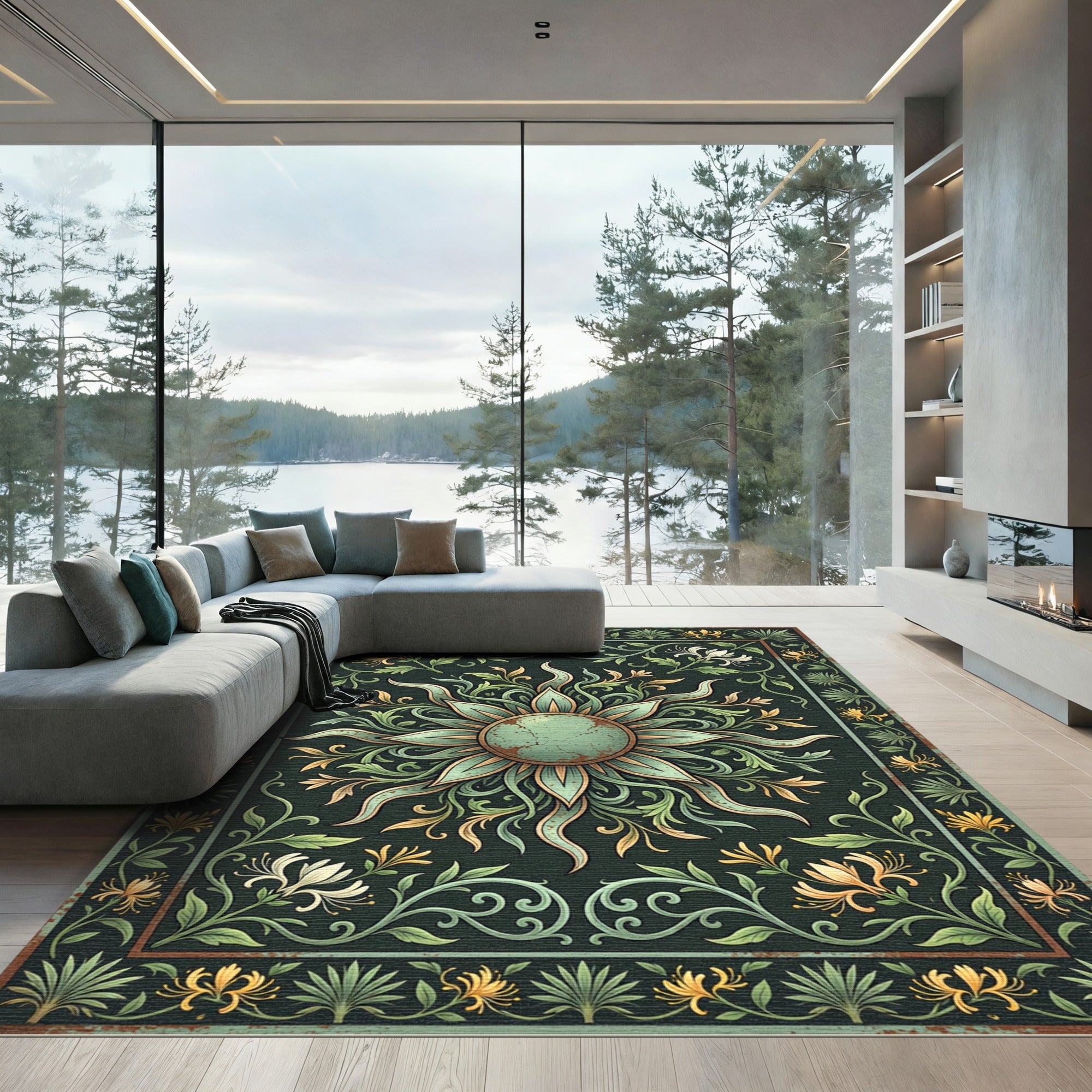 Sage Green Botanical Sunburst Floral Rug