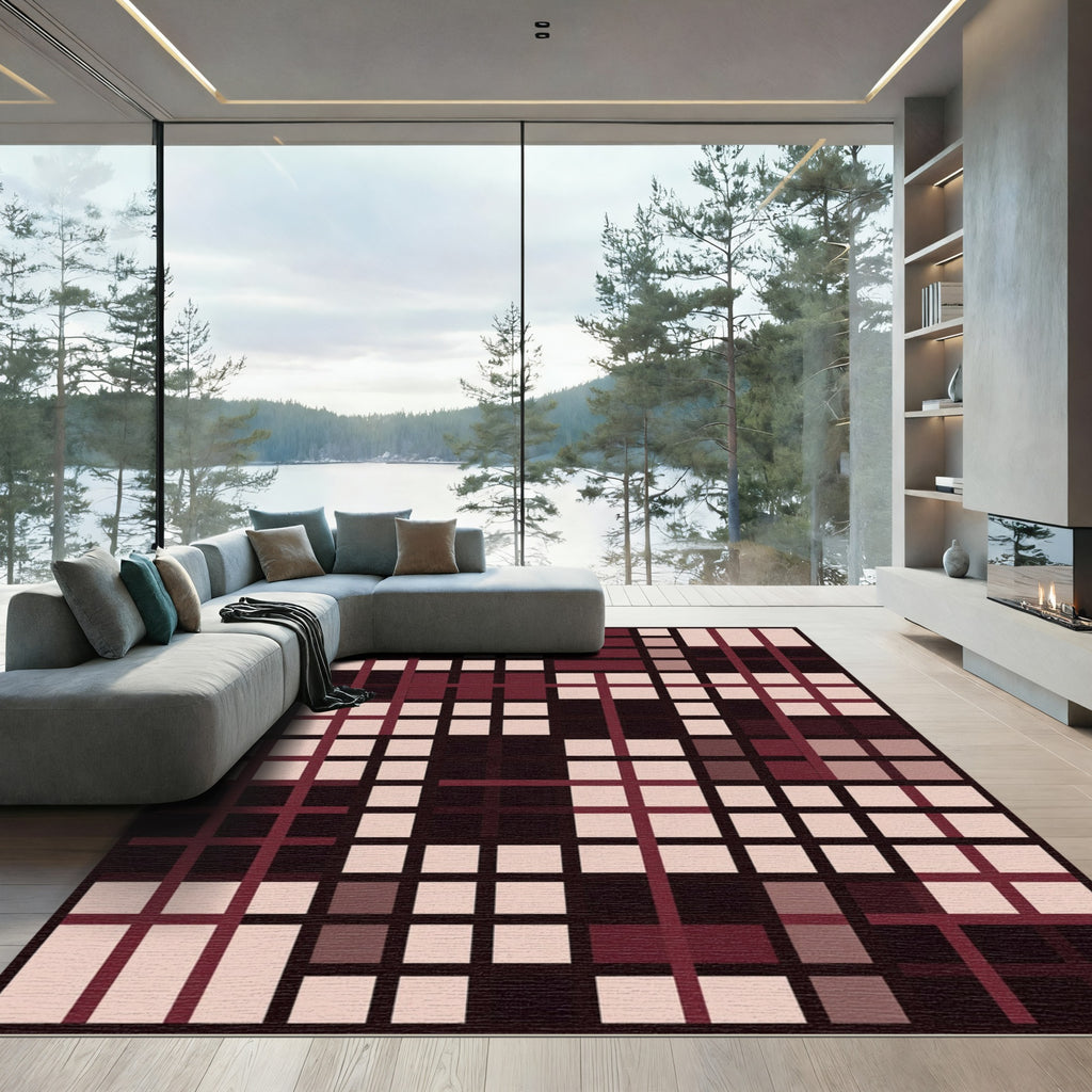 Deep Crimson Plaid Square Composition Rug