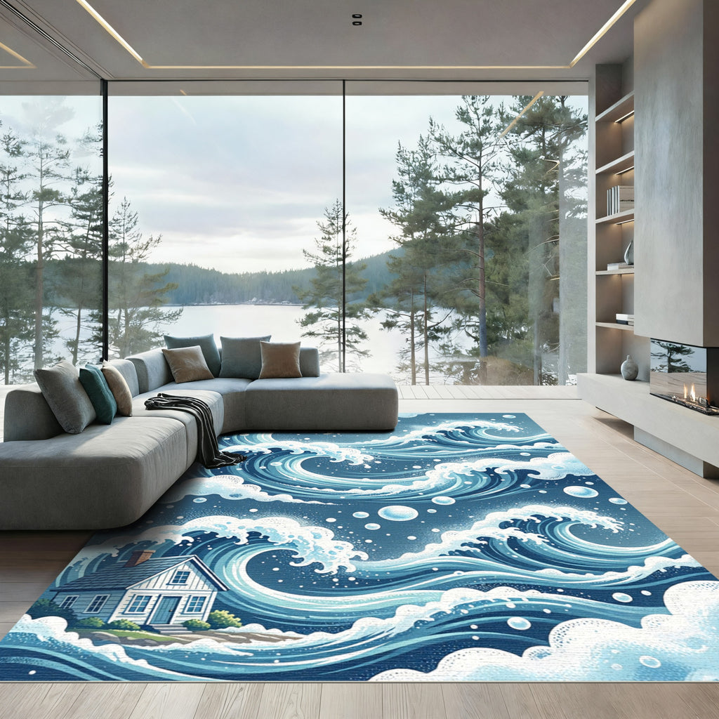 Japanese Indigo Wave House Illustration Rug