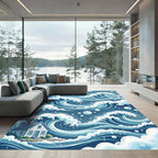 Japanese Indigo Wave House Illustration Rug