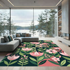 Botanical Pink Floral Dark Green Geometric Rug